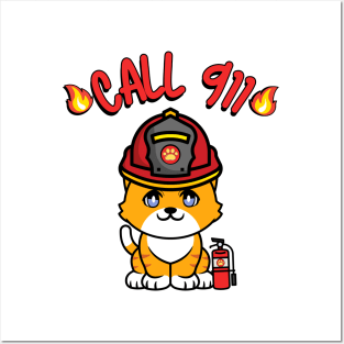 Cute Orange cat is a firefighter Posters and Art